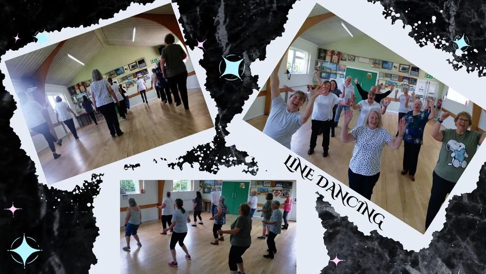 three photos of Movement to Music dance class in village hall with group of women cheering and dancing