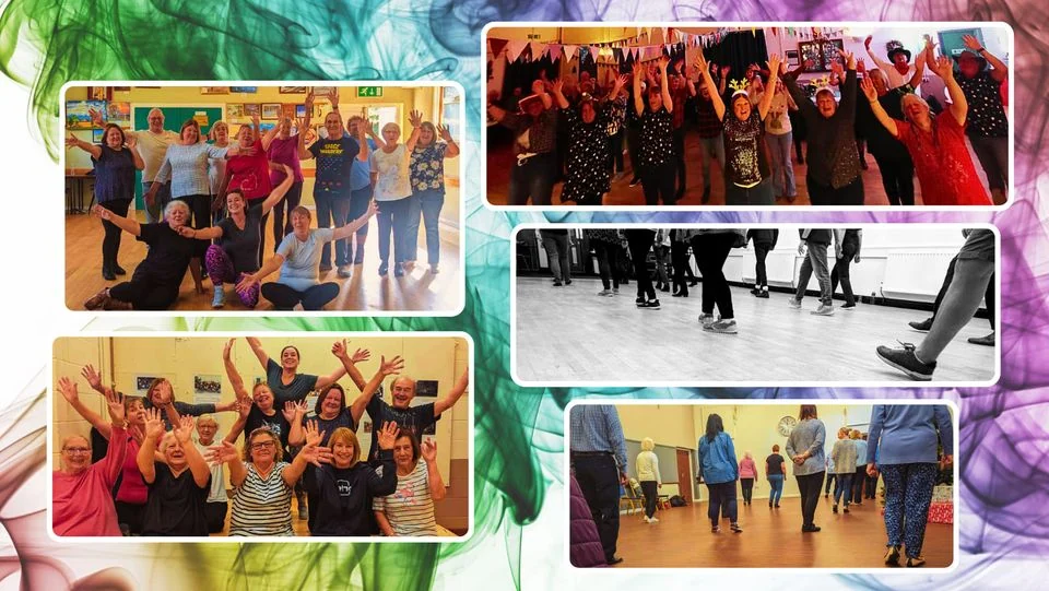 three colourful photos of Movement to Music dance class in village hall with group of women cheering and dancing