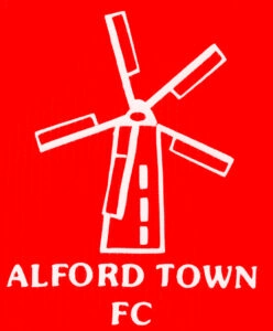 Alford Town Football Club logo showing a windmill in white on a bright red background