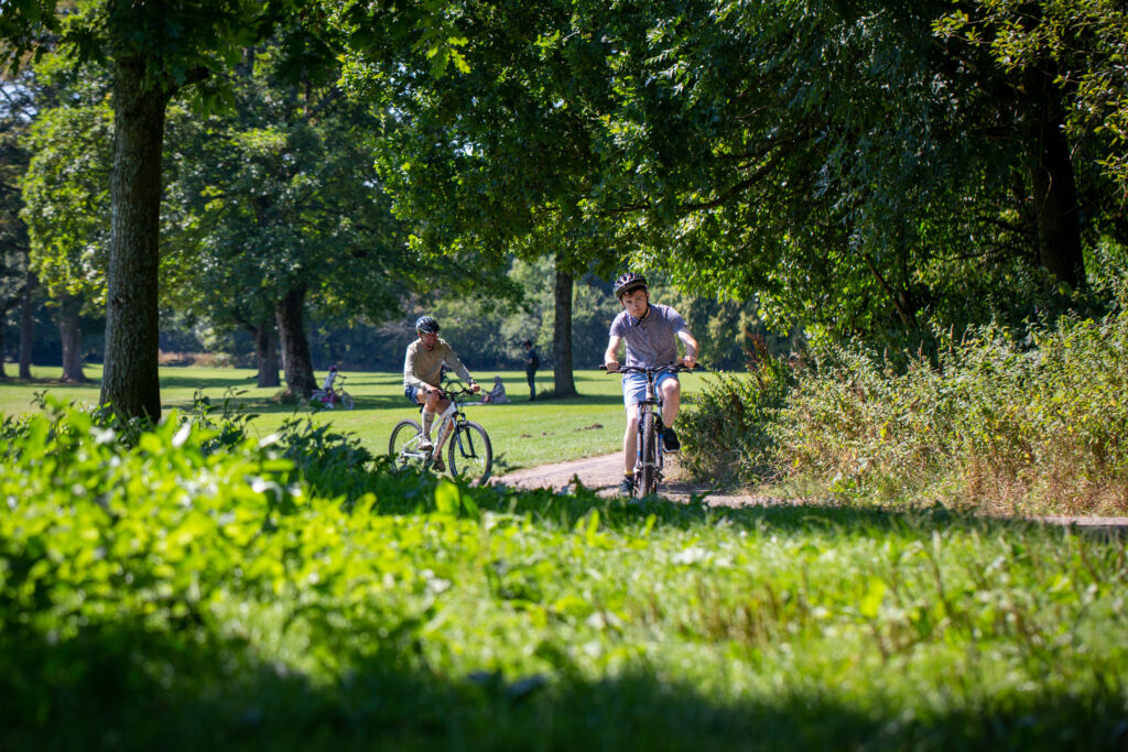Two men cycling in the park