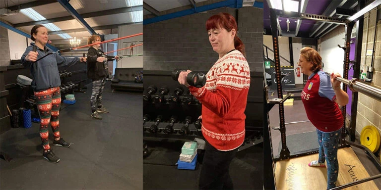 Montage of images of women using gym equipment.