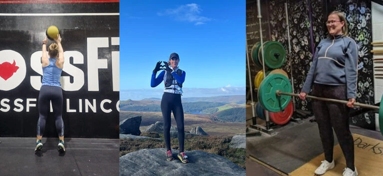 A montage of three images, - first with a women doing cross fit with a yellow ball, second a women posting for a photo in an outdoor mountainous landscape, third is of a women lifting weights.