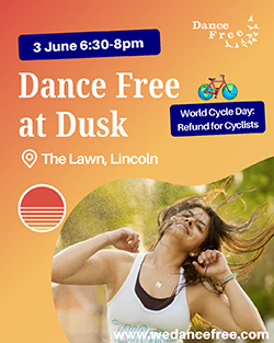 A graphic of a women dancing with headphones and text Dance Free at Dusk